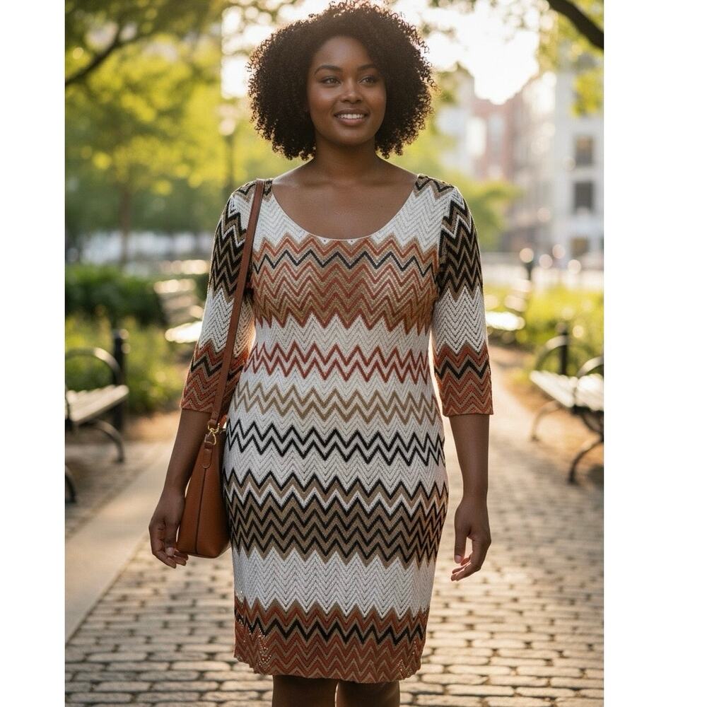 Fresh of LA Plus Size 3X Chevron Knit Midi Dress V-Neck Flare Sleeve Career